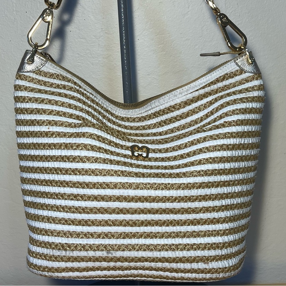 Eric Javits Straw Tan White Stripe Dame Bucket Bag - Picture 2 of 16